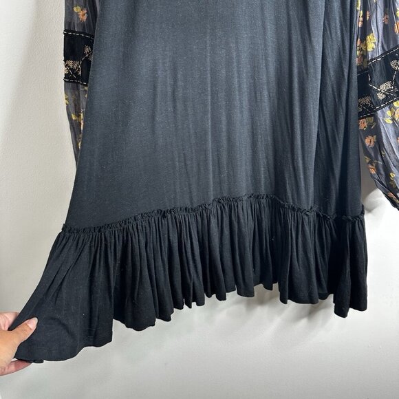 Free People Mix It Up Black Tunic Dress Large Boho Floral Balloon Sleeve - Picture 13 of 16